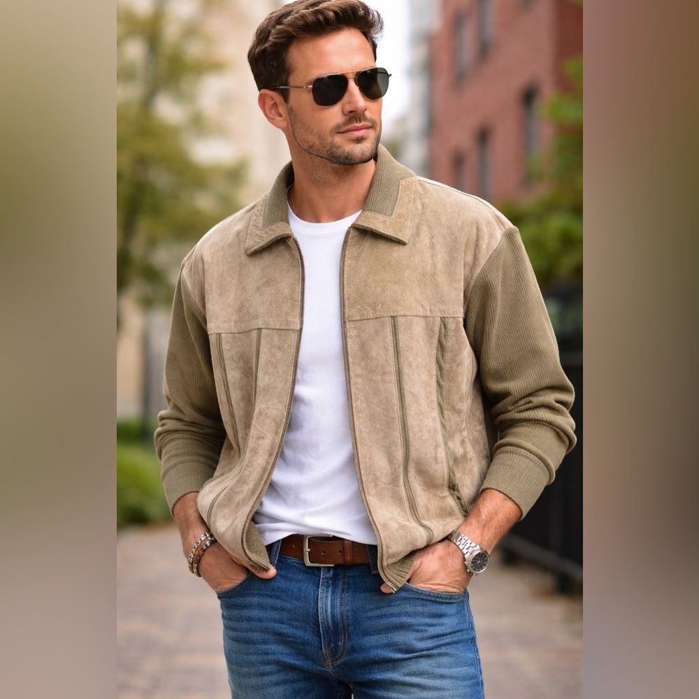 Vintage Suede Front Zip Cardigan Jacket | 90s Quiet Luxury | Taupe Beige Men’s